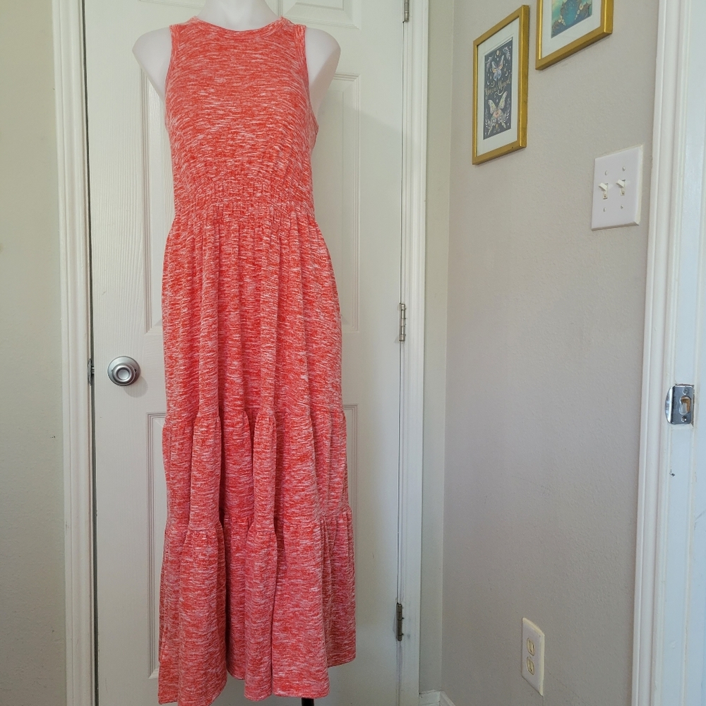 Lou & Grey Coral Orange Spacedyed Tiered Maxi Dress NWT Sleeveless Stretch